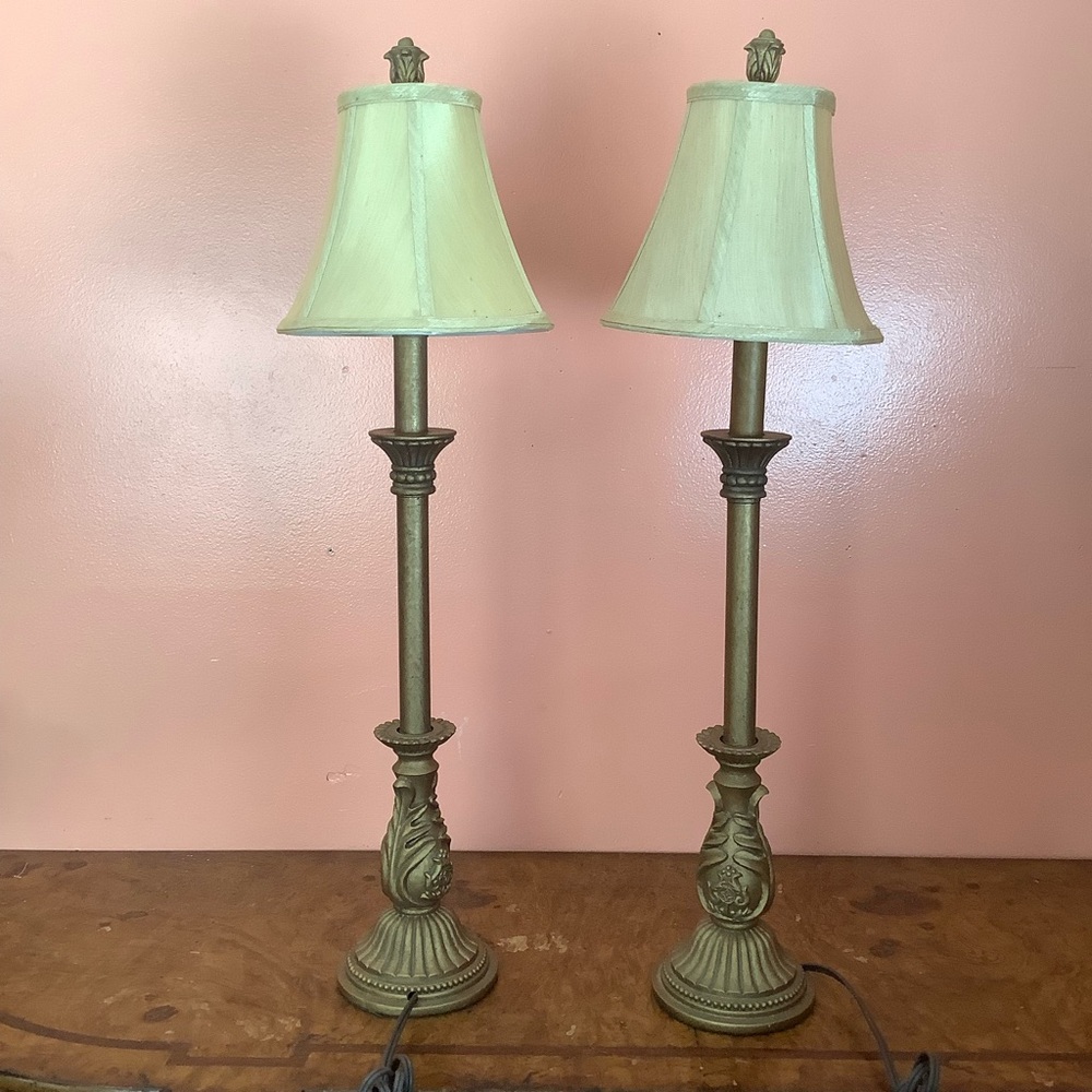 Elegant Pair Of Faux Brass Lamp 29” High